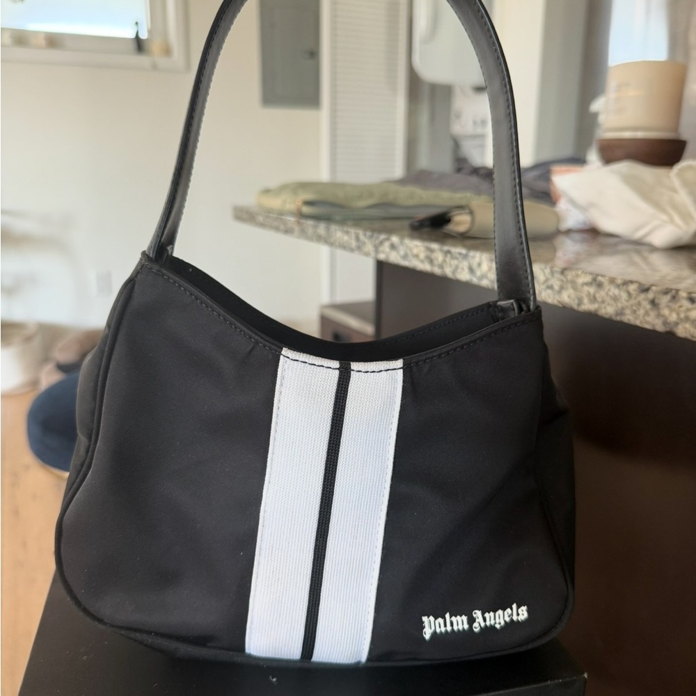 Palm Angels Black Shoulder Bag with White Center Stripe